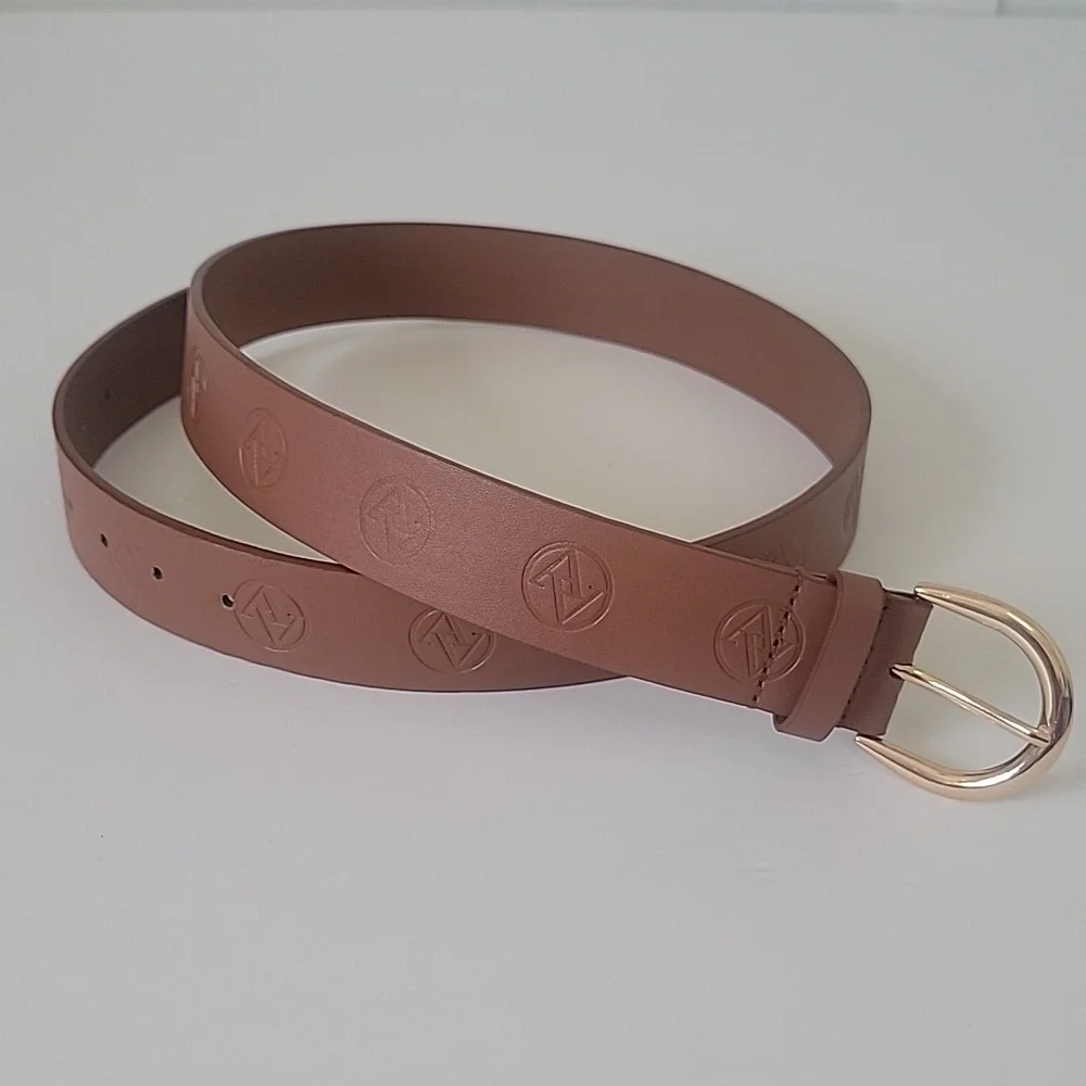 Adrienne Vittadini AV Signature Logo Brown Belt With Polished Gold Buckle L/XL - Picture 3 of 9